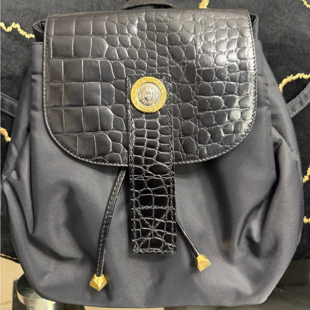 Gianni Versace Croc-Embossed Medusa Black Backpack